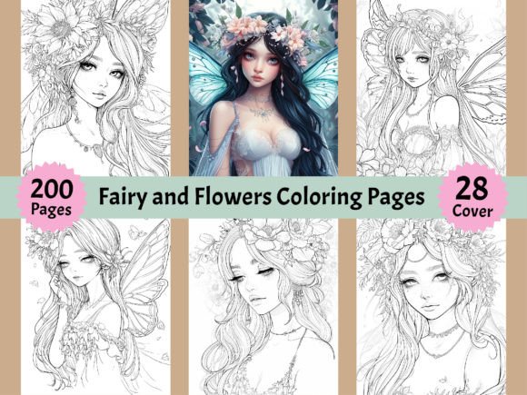 200 Fairy and Flowers Coloring Pages KDP